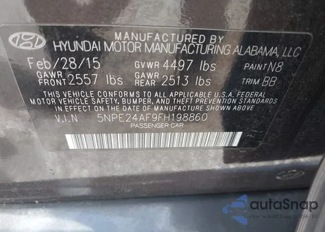 2015 Hyundai Sonata Se z USA, uszkodzony, nr VIN 5NPE24AF9FH198860